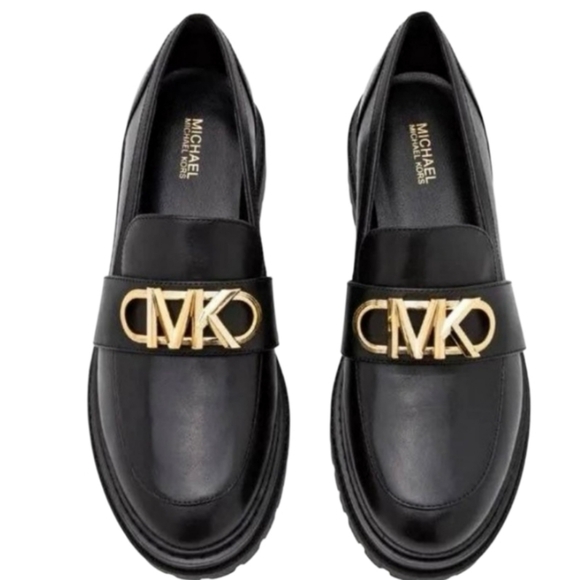 MICHAEL Michael Kors Black Leather Parker Lug Sole Loafers with Gold Accent 8.5. - Picture 1 of 7
